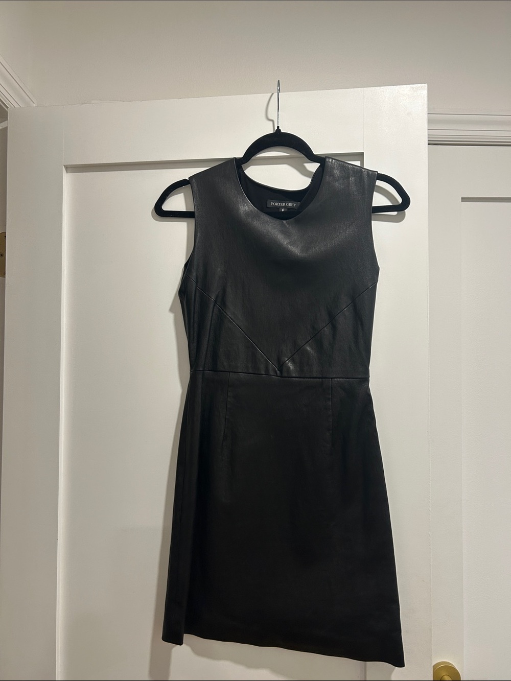Porter Grey Black Sleeveless Leather Sheath Dress